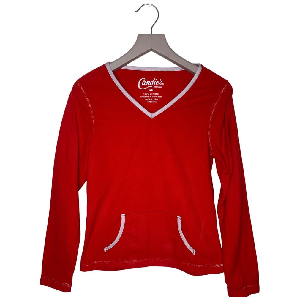 Woman’s or fit a age 8, 9 or 10 child’s Red V-neck long sleeve kangaroo sweater.